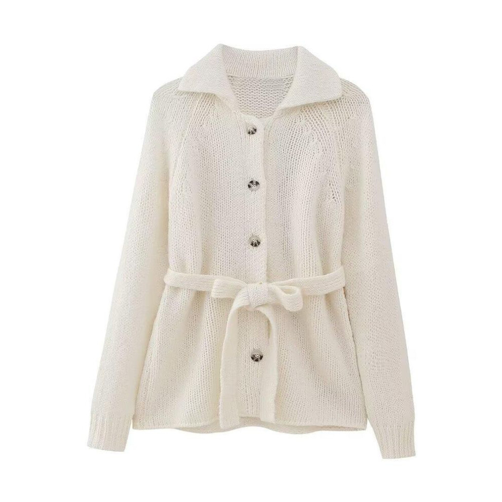 (Small) European-American 2023 Autumn/Winter Women's Lapel Waist-Tie Knitted Cardigan Sweater Jacket