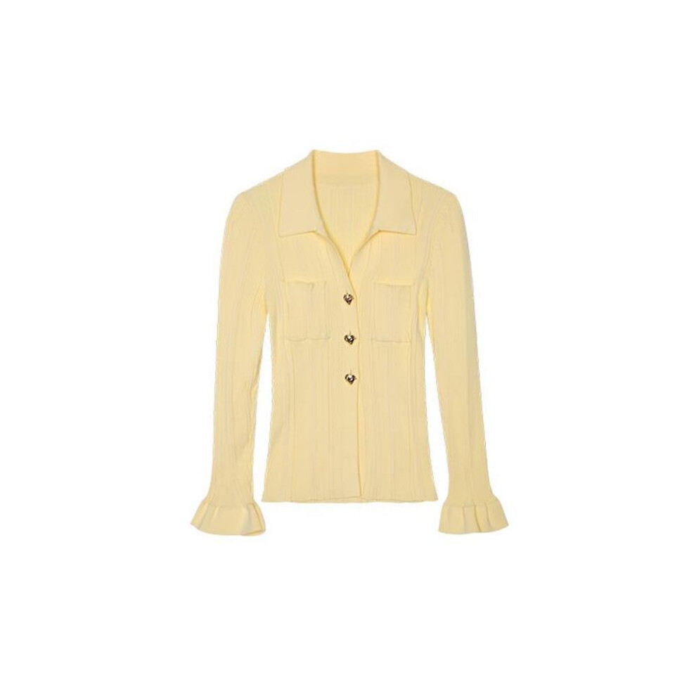 (light yellow, Medium) "Hongshan Women's Light Yellow Knit Cardigan with Polo Collar and Lace Sleeves
