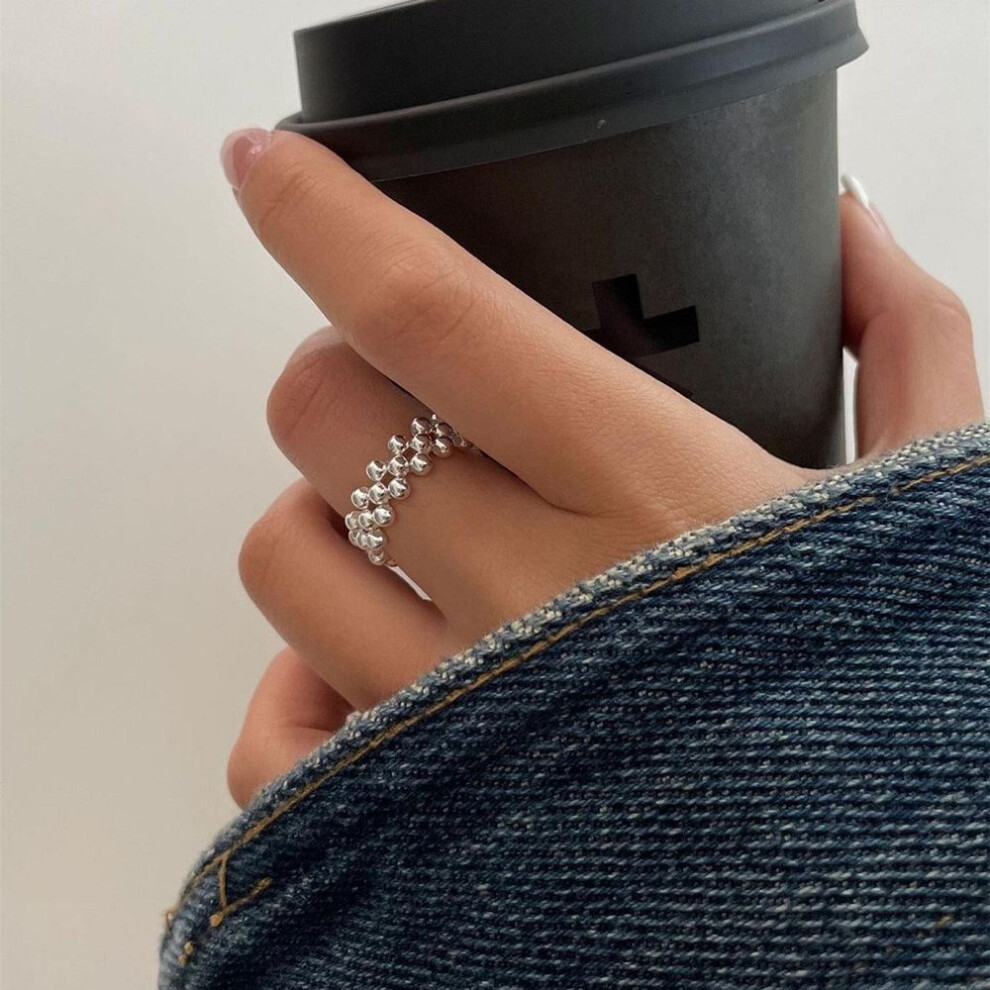 (Open adjustable) Korean S925 Silver Open Ring: Retro Hip Hop Small Round Bead Design For Women