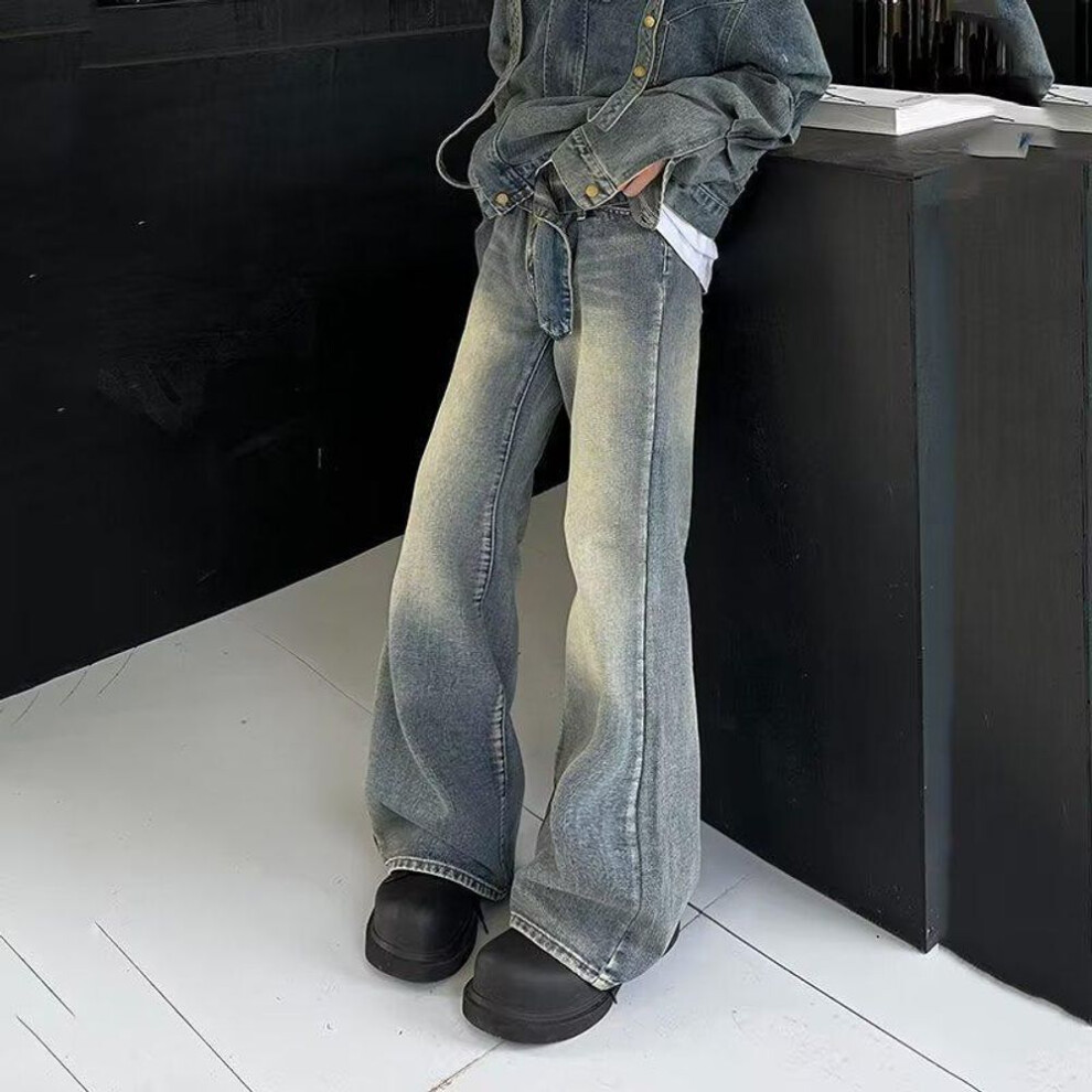 (blue, Small) Men's Retro Washed Wide-Leg Jeans - Trendy High Street Brand, Loose Fit Flared Trousers