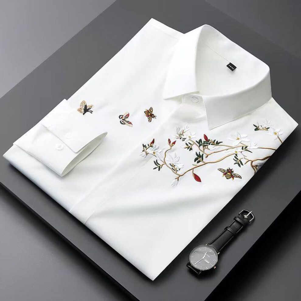(white, L) Men's Slim Fit Chinese Embroidered Long Sleeve White Shirt - Autumn 2023, Casual & Wrinkle-Free