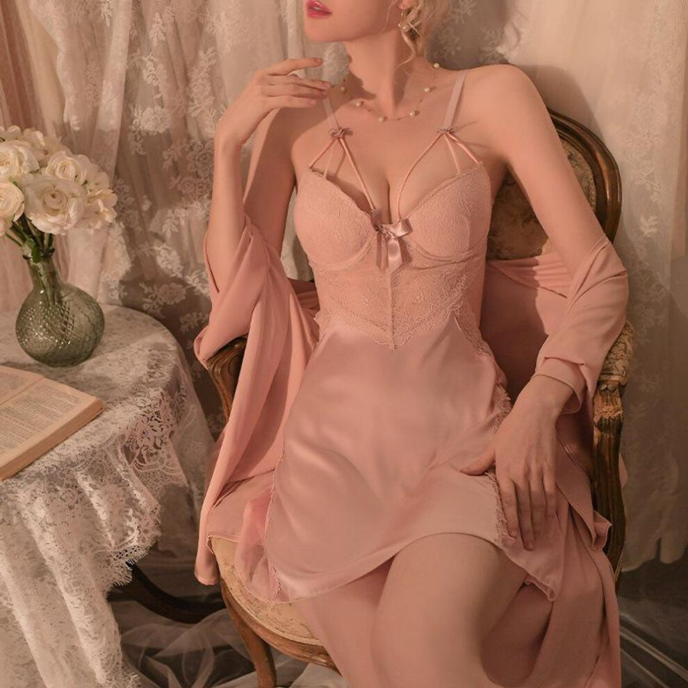 (pink, Large) Women's Sexy Two-piece Spring & Autumn Nightdress Set With Chest Pad - French Ice Silk Robe & Suspender Pajamas