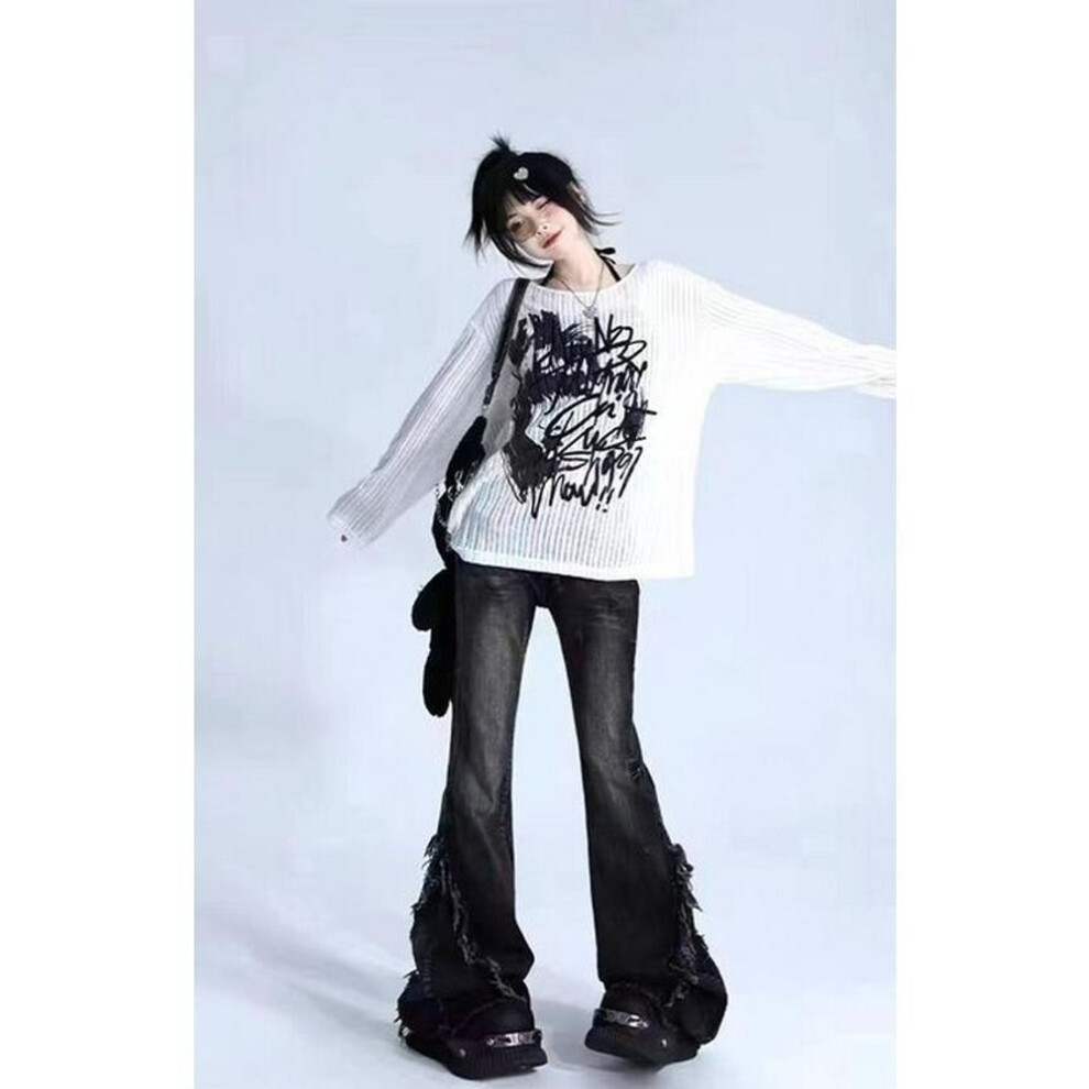 (dark gray, L) "New 2024 Low Waist Gray Flared Jeans for Women - Retro Raw Edge Style