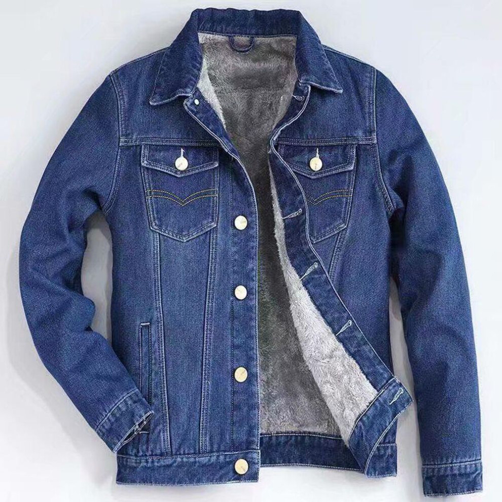 (dark blue, Large) Men's Thickened Plush Denim Jacket - Winter Warm, Cotton-Padded, Loose-Fit Gown