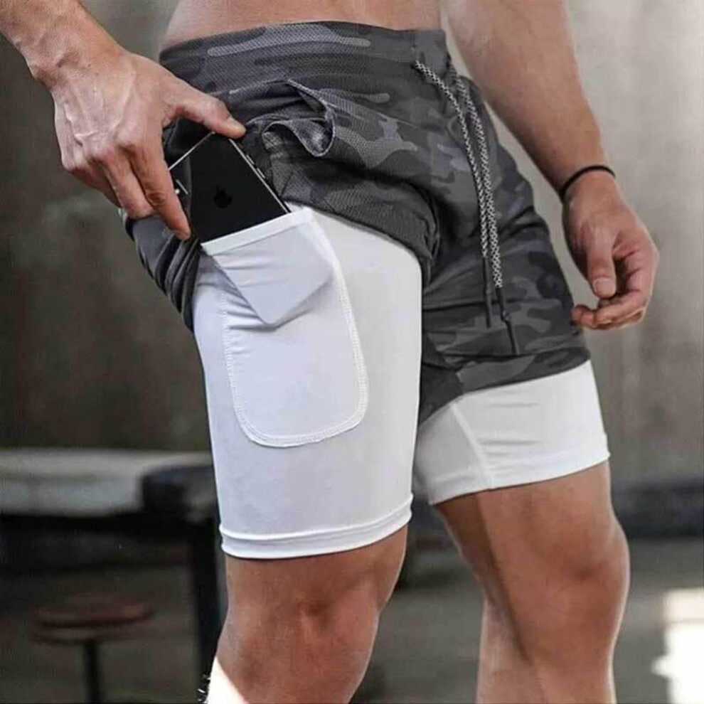 (camouflage, M) Men's Quick-dry Breathable Running Shorts With Phone Pocket - Summer Double-layer Stretch Design