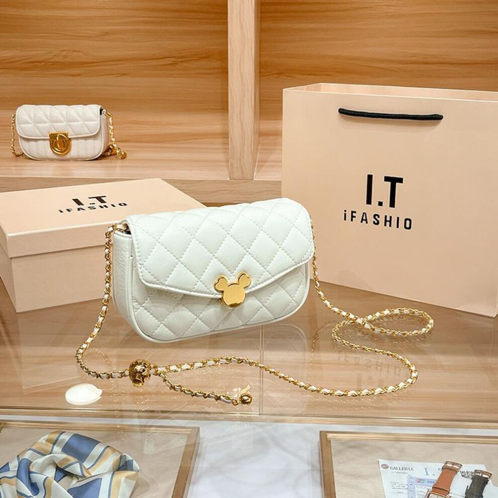 (off-white, 21x6x13.5 cm) Mini Gold Ball Chain Women's Leather Crossbody Handbag - Mickey Design