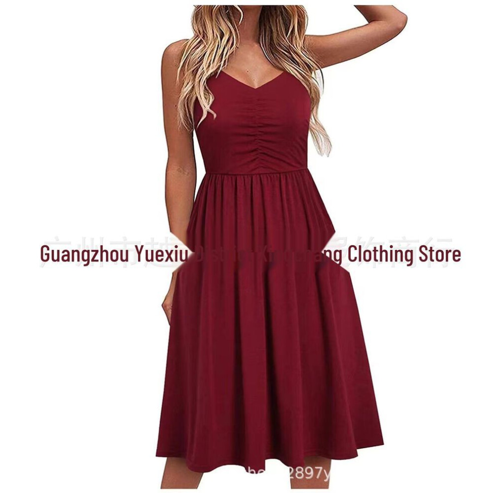 (burgundy, XL) 2023 Women's Sexy V-Neck Pleated Sleeveless Dress