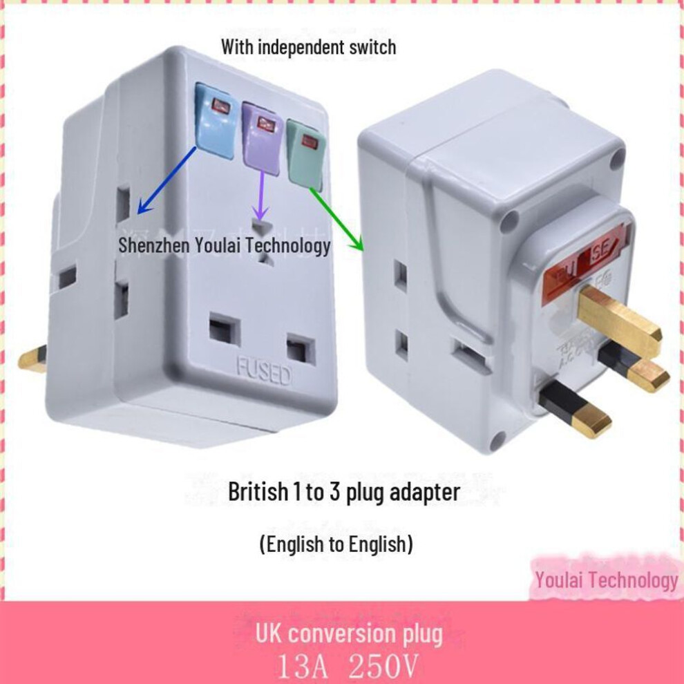british 1-to-3 Conversion Plug With Independent Switch, Uk Standard, For Hong Kong/singapore