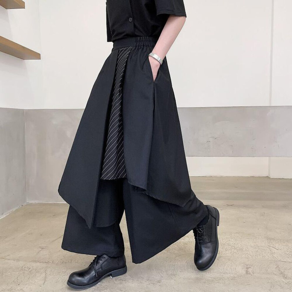 (black, Large) Yohji Yamamoto Men's Japanese-style Ribbon Kendo Samurai Skirt Pants - Dark, Irregular Summer Design