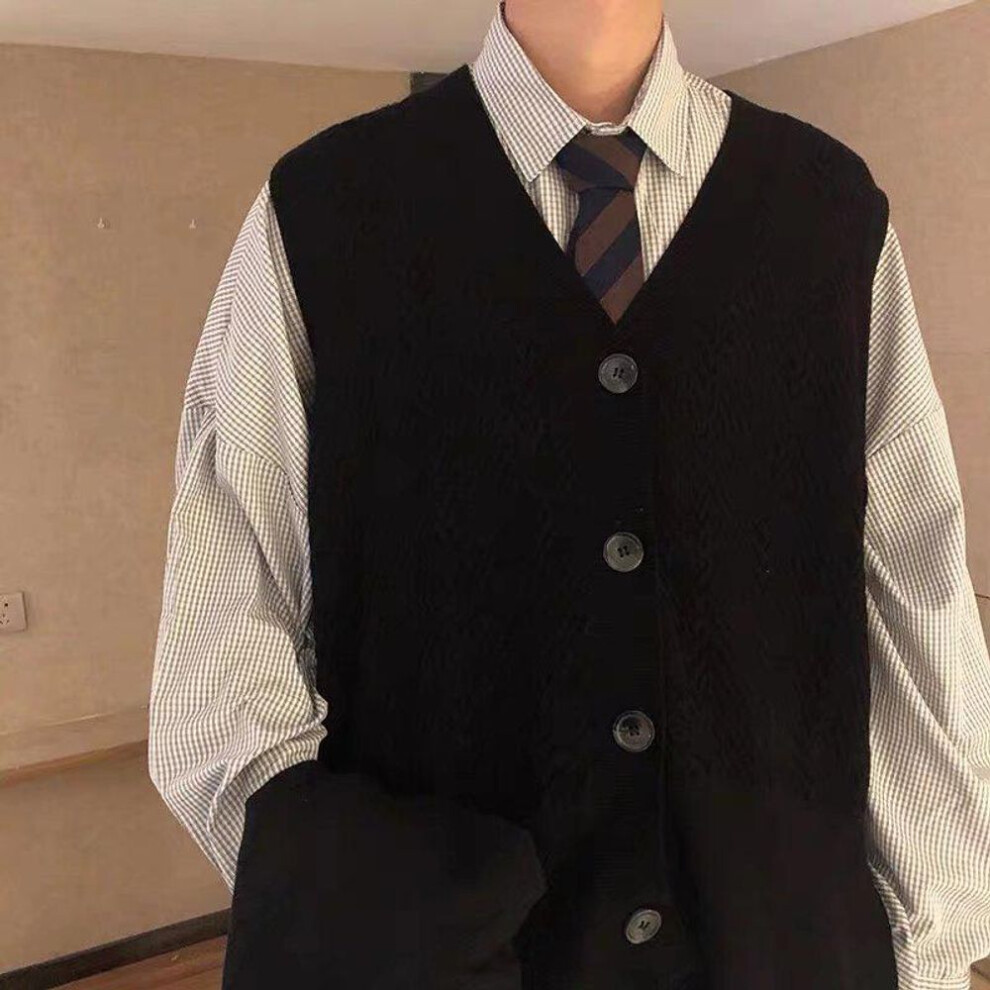 (black, M) Men's Retro Japanese-Style Sleeveless Knitted Cardigan Sweater Vest
