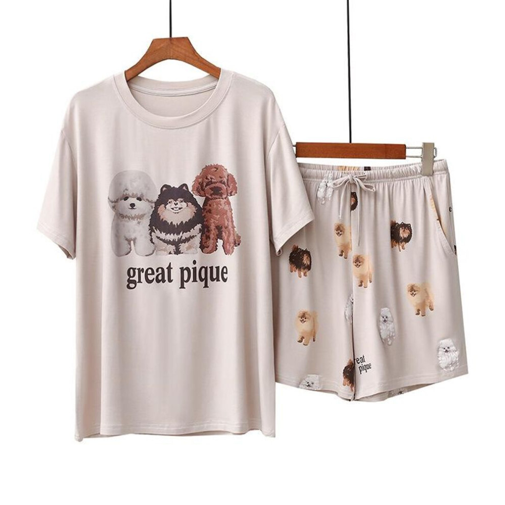 (One Size (80-145 jin)) Pomeranian Cartoon Print Modal Pajama Set - Women's Summer Short-sleeved, Lightweight, Loose Fit Shorts For Home