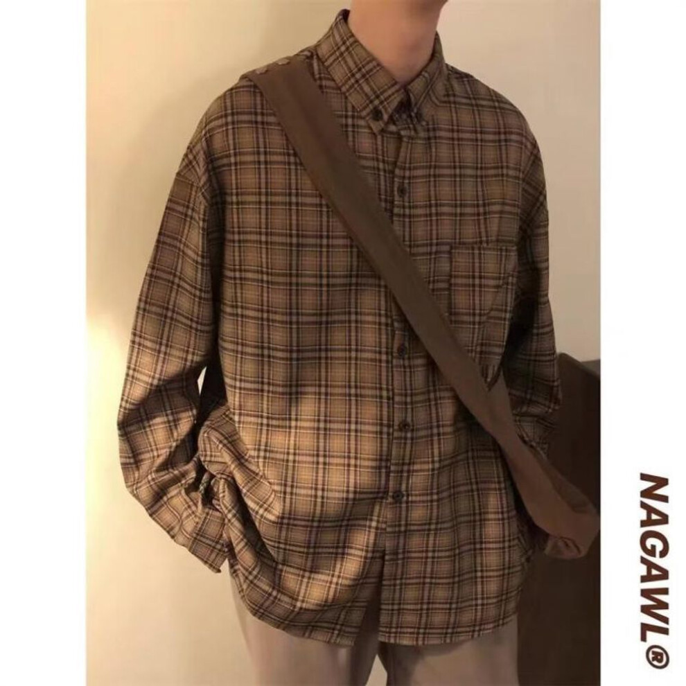 (3XL) "men's Casual Japanese Vintage Plaid Shirt Jacket - Coffee Color, Long Sleeve For Spring & Autumn