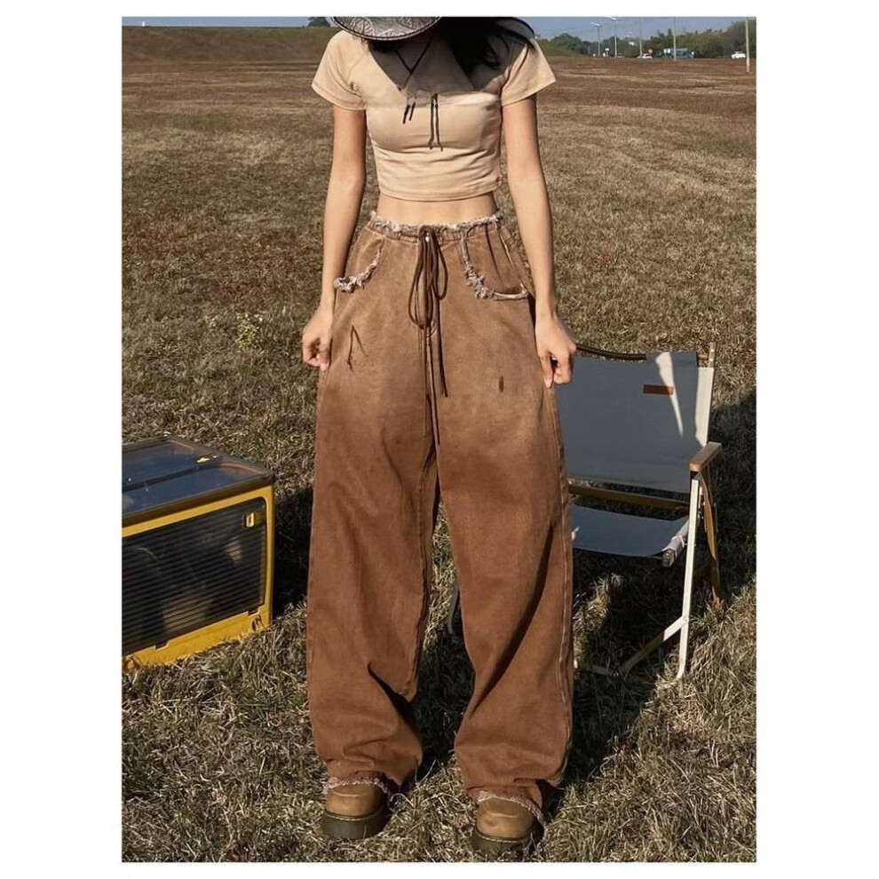 (brown, M) "Women's American Retro Gradient Jeans: Large Size, Slim, Wide-Leg, Raw Edge Design for Spring and Autumn