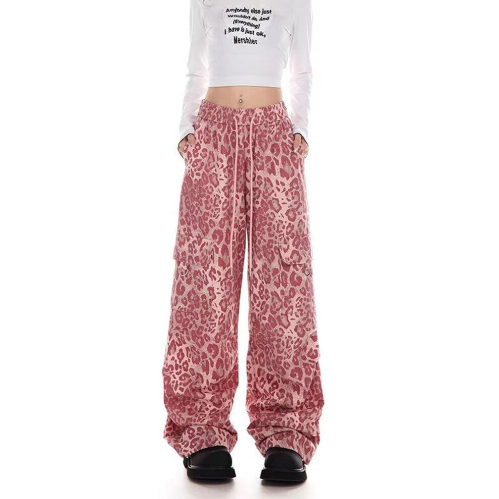 (pink, S) 2024 Women's Retro Leopard Print Hip-hop Overalls - Trendy Loose Casual Street Dance Pants