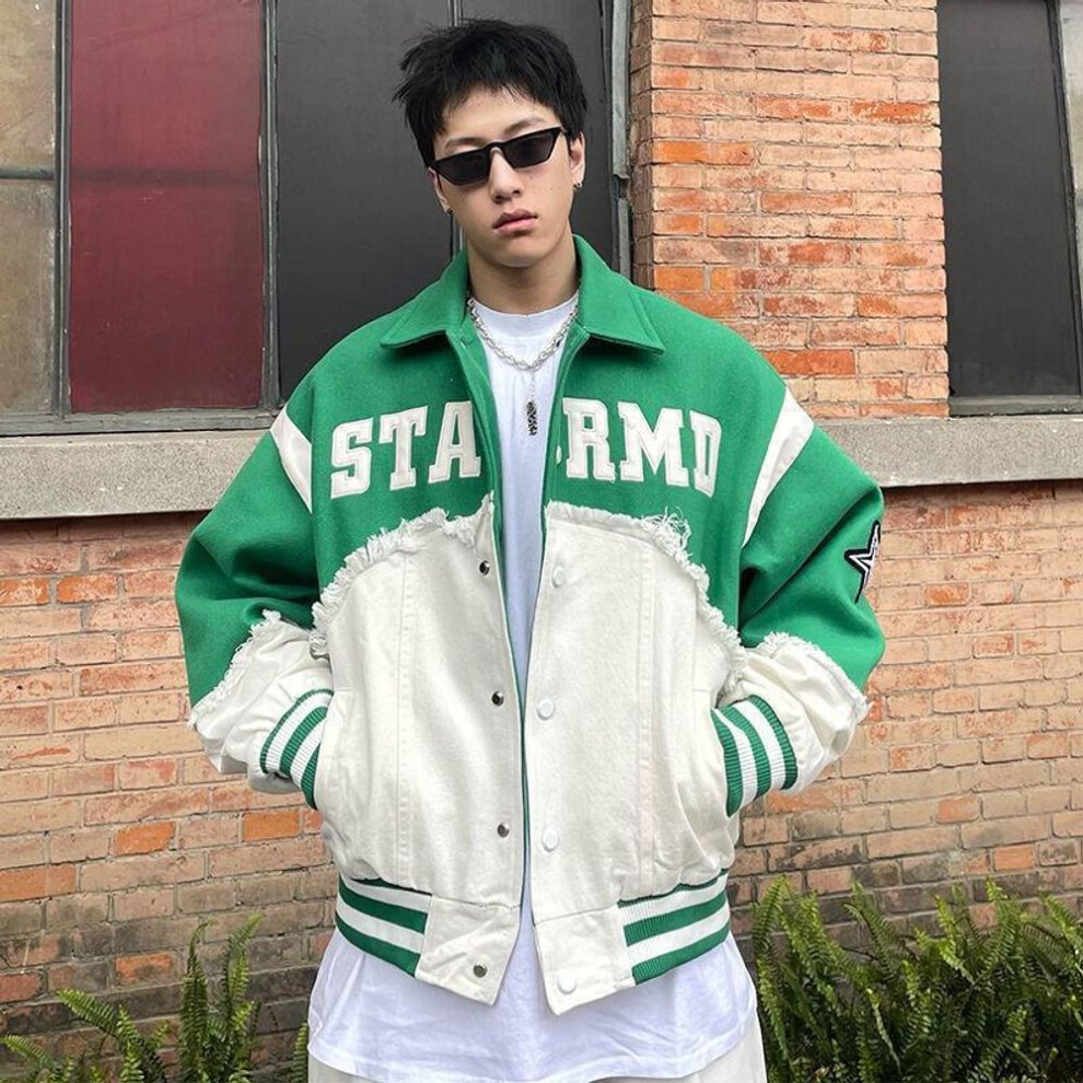 (green, M) "Unisex Retro Denim Patchwork Jacket: Hong Kong Style Spring/Autumn American Streetwear
