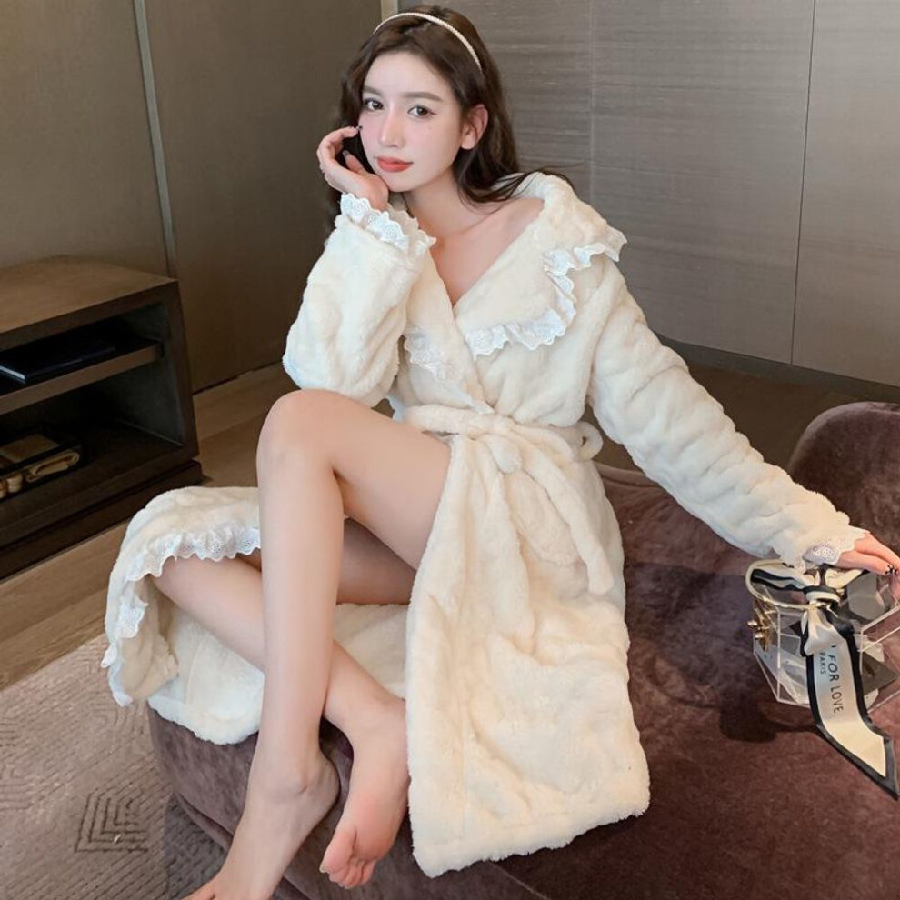 (M) Women's Sexy Korean Lace Flannel Nightgown - Warm Winter Coral Fleece Bathrobe Pajamas
