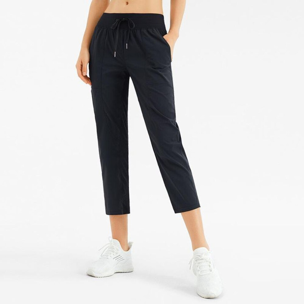 (black, Small) Women's Quick-dry Yoga Pants: Breathable, Loose-fit, Nine-point Length With Drawstring For Running And Fitness.