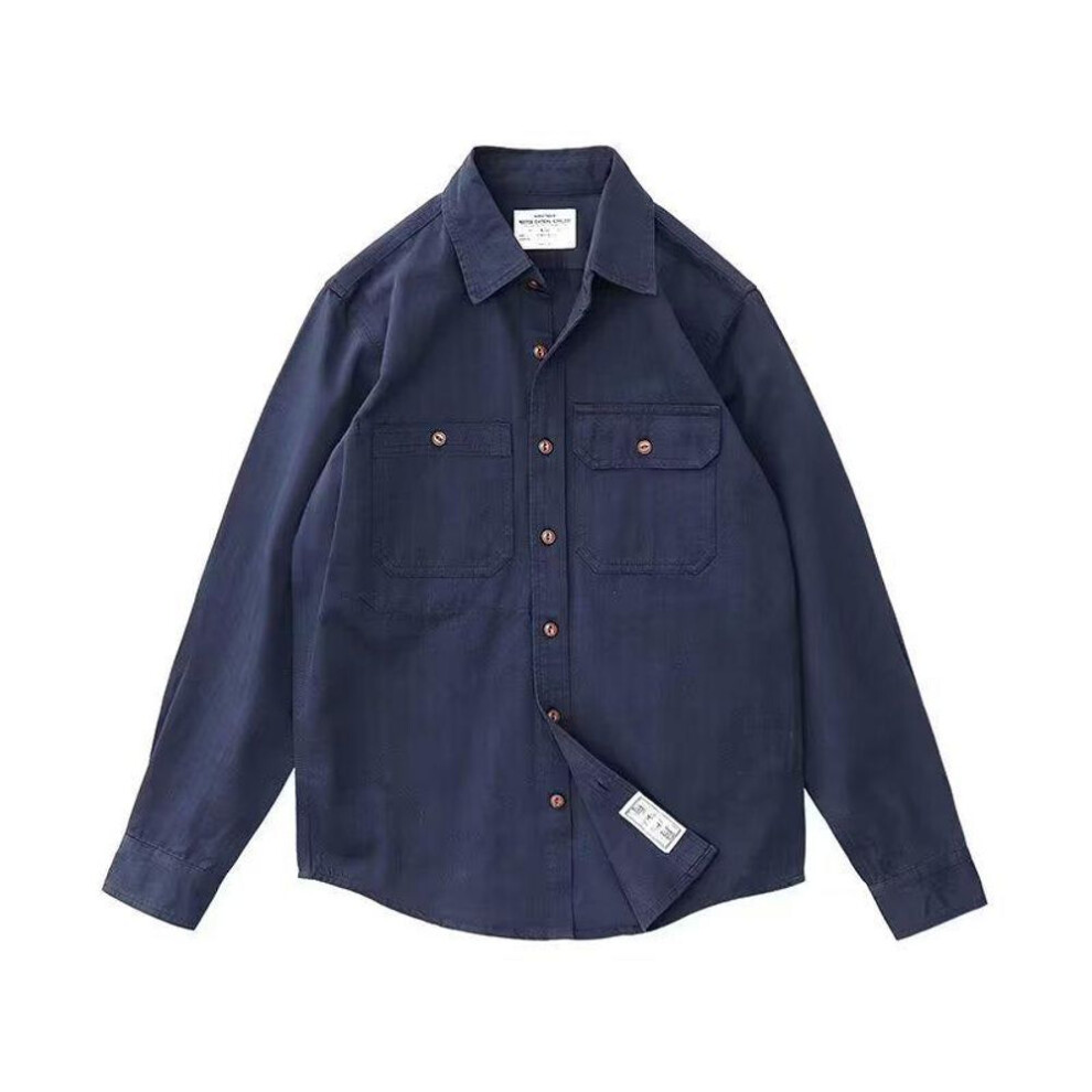 (navy blue, XL) Men's Autumn Military Green Khaki Long-Sleeve Work Shirt Jacket