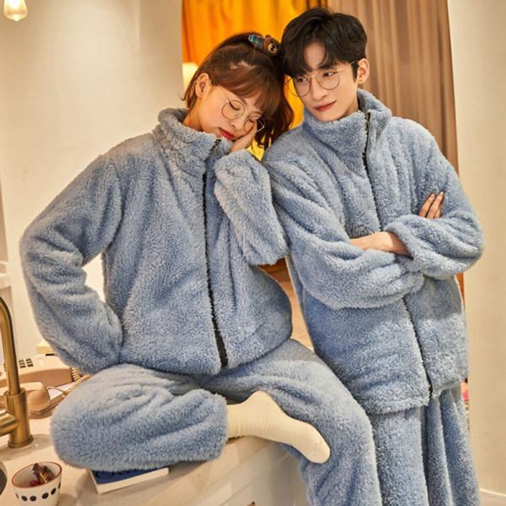 (light blue, Men 3XL) "unisex Wool Flannel Zipper Pajamas: Warm, Thick Coral Fleece Suit For Autumn & Winter