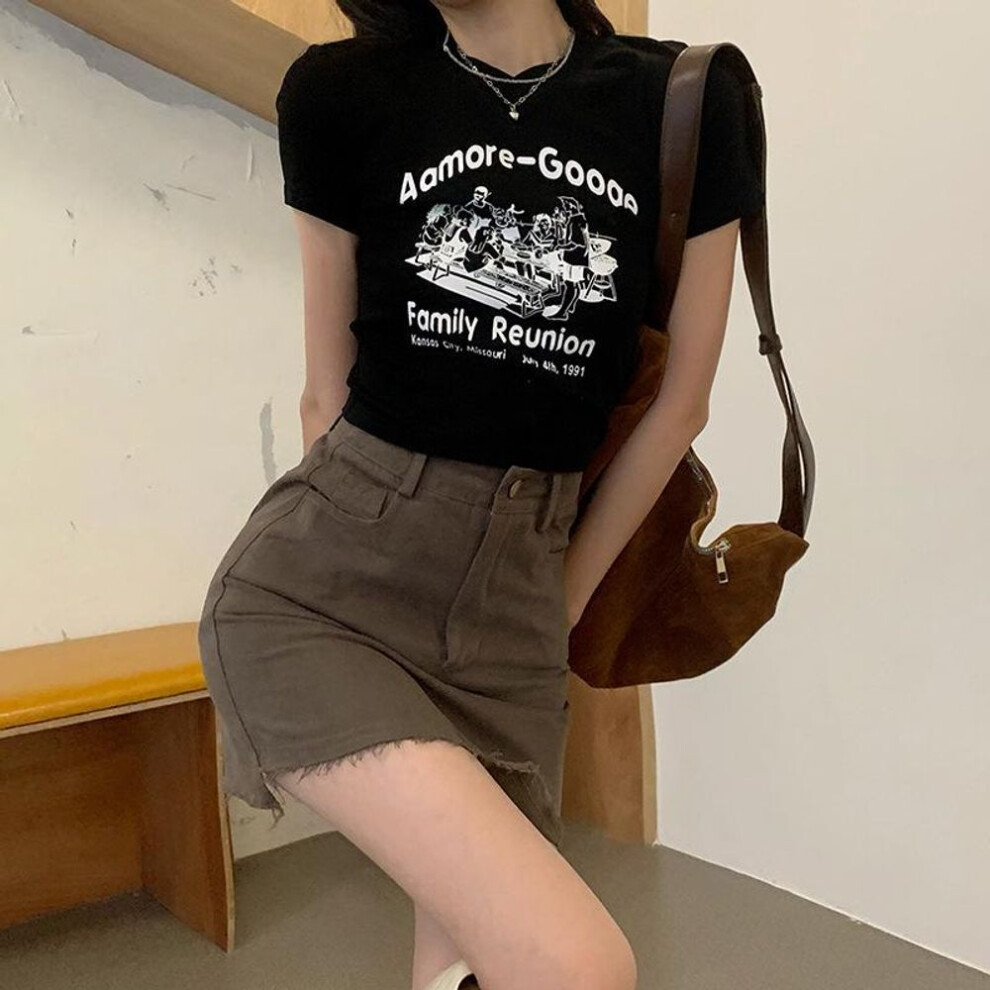(black, XL) Women's 2025 Summer Trendy Korean Crop Top - Slim Fit Short-Sleeved T-Shirt
