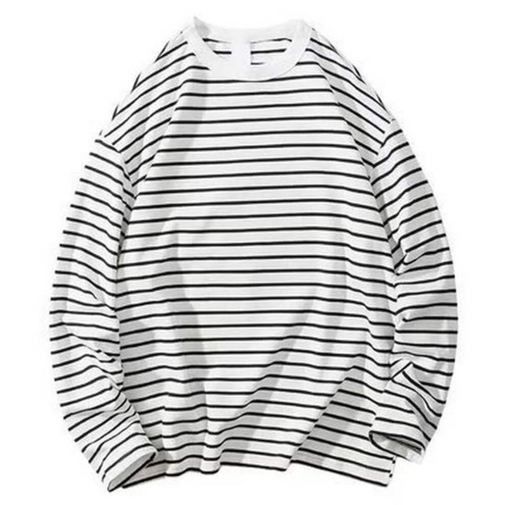 (white, 2XL) "Men's Korean Style Black & White Striped Long-Sleeve T-Shirt - American College Round Neck