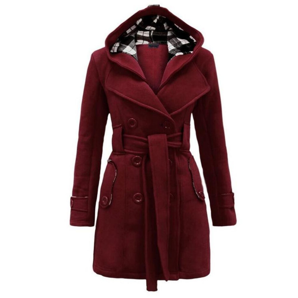 (wine red, 3XL) 2018 Checkered Wool Hooded Long Coat With Belt & Double-breasted Design