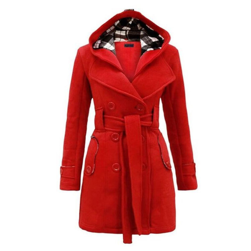 (red, XL) 2018 Checkered Wool Hooded Long Coat with Belt & Double-Breasted Design