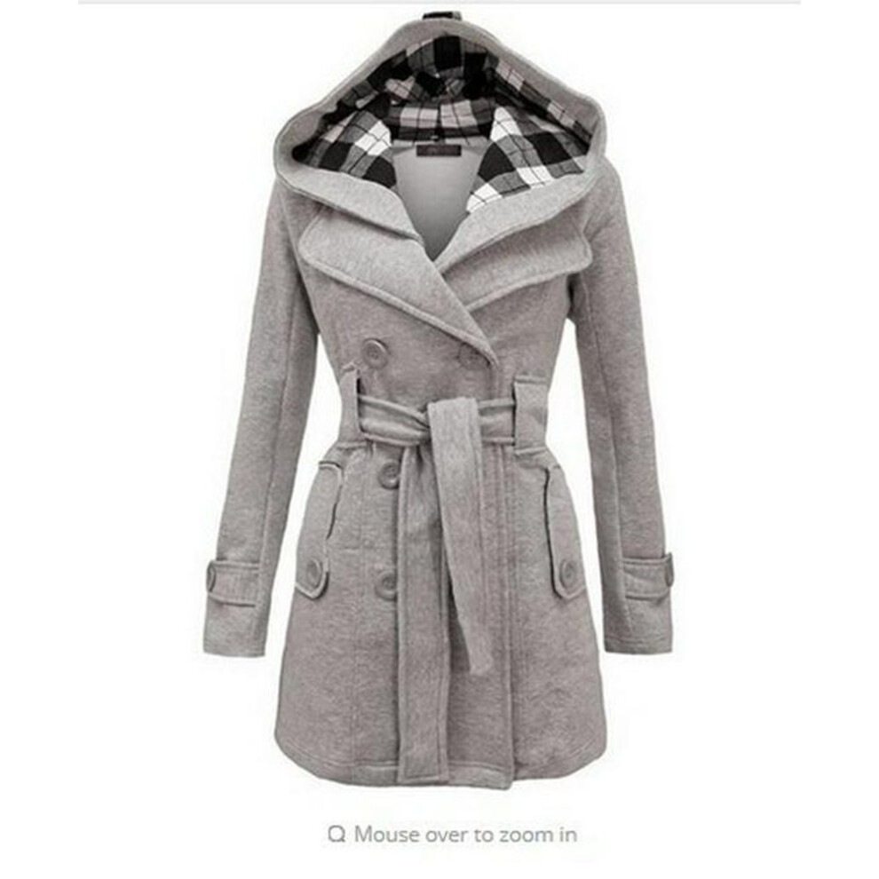 (light gray, S) 2018 Checkered Wool Hooded Long Coat with Belt & Double-Breasted Design