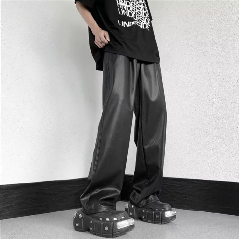 (black, XL) Men's Black Pleated Pu Leather Pants - Autumn Drawstring, Lazy Style, Elastic High Waist, Wide Leg, Straight Fit.