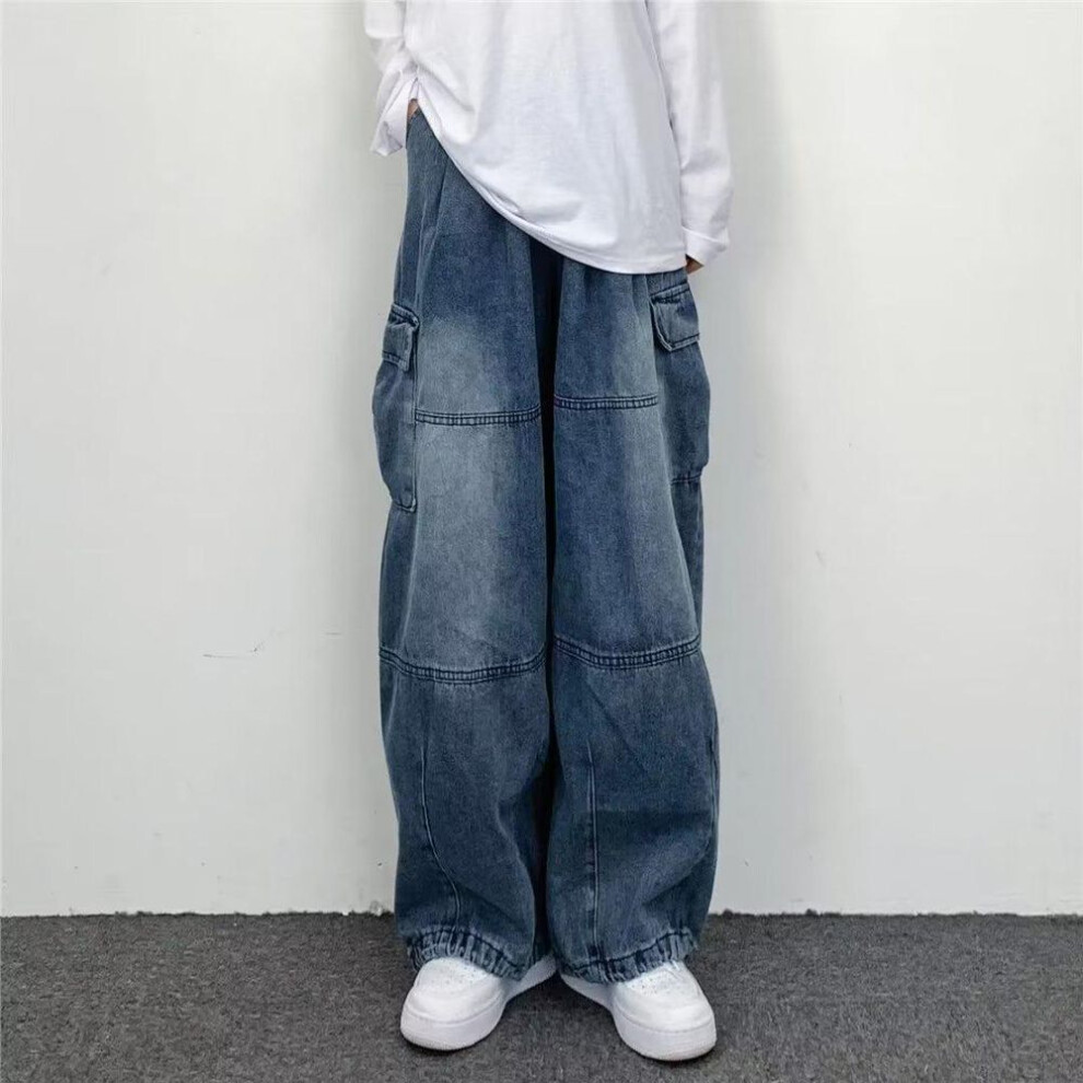 (blue, X-Large) Hong Kong Retro Style Loose Wide-Leg Denim Workwear Pants with Large Pockets for Men and Women