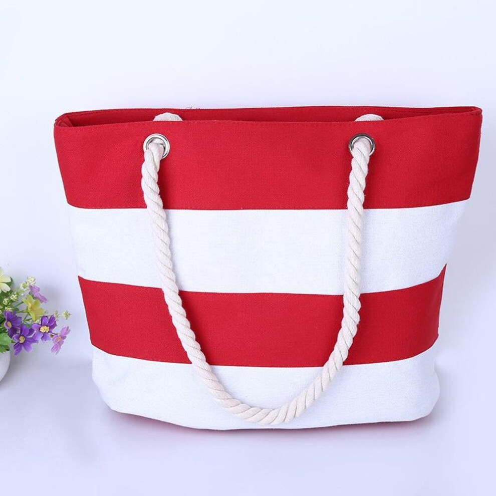 (red,white) Women's Striped Canvas Beach Bag With Thick Hemp Rope Handles - Large Capacity For Travel And Shopping