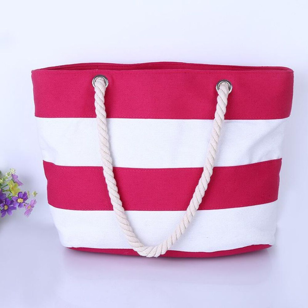 (magenta,white) Women's Striped Canvas Beach Bag With Thick Hemp Rope Handles - Large Capacity For Travel And Shopping