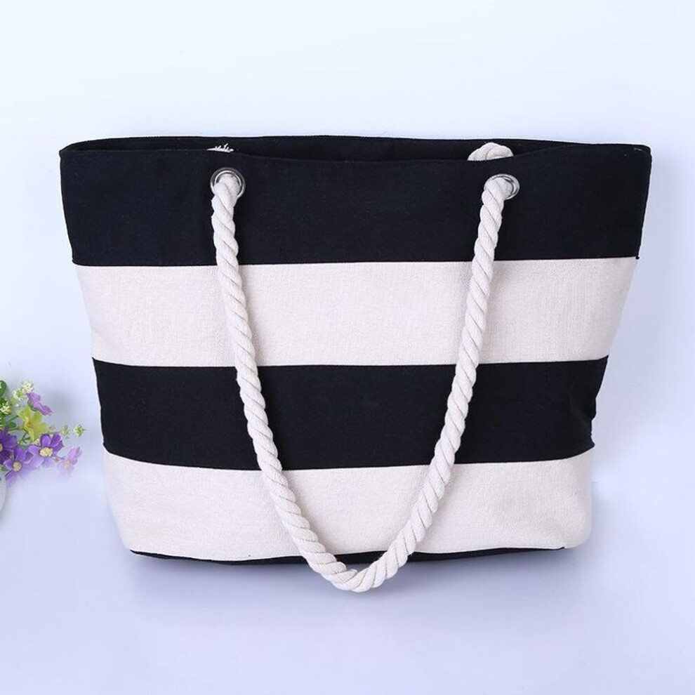 (beige,black) Women's Striped Canvas Beach Bag With Thick Hemp Rope Handles - Large Capacity For Travel And Shopping