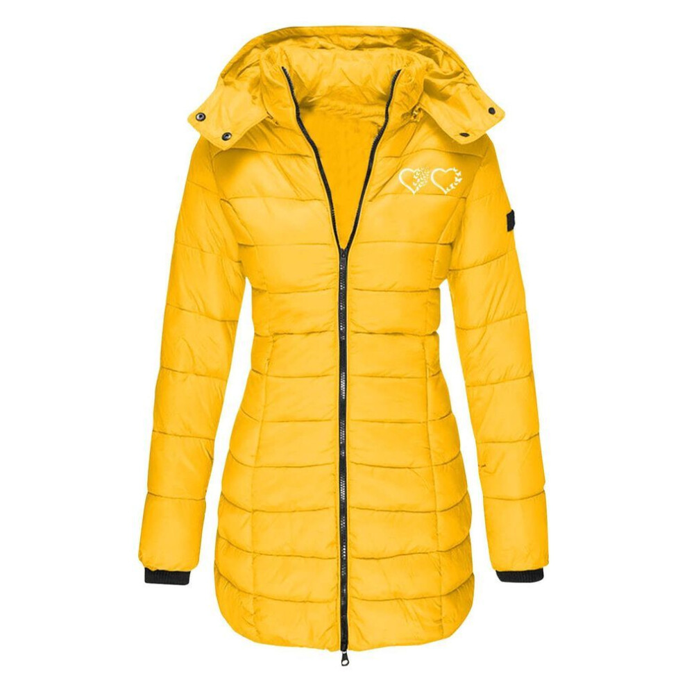 (yellow, XL) European Size Women's Mid-Length Hooded Winter Cotton Coat - Slim Fit, Solid Color, with Printed Details