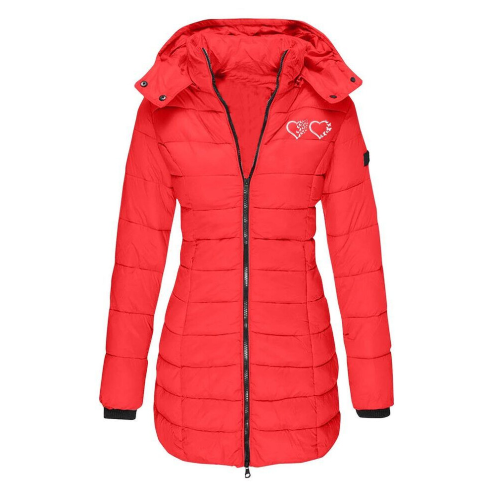 (red, L) European Size Women's Mid-Length Hooded Winter Cotton Coat - Slim Fit, Solid Color, with Printed Details
