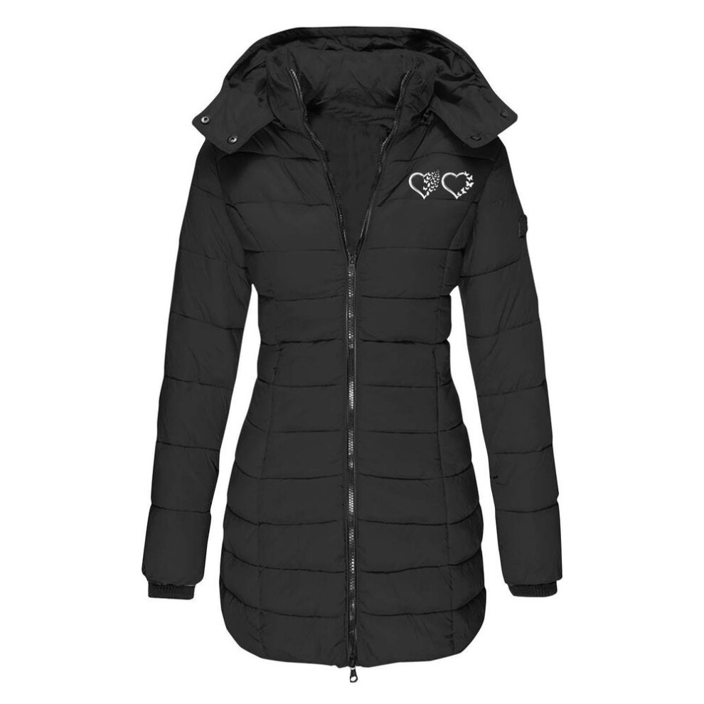(black, XXXL) European Size Women's Mid-Length Hooded Winter Cotton Coat - Slim Fit, Solid Color, with Printed Details