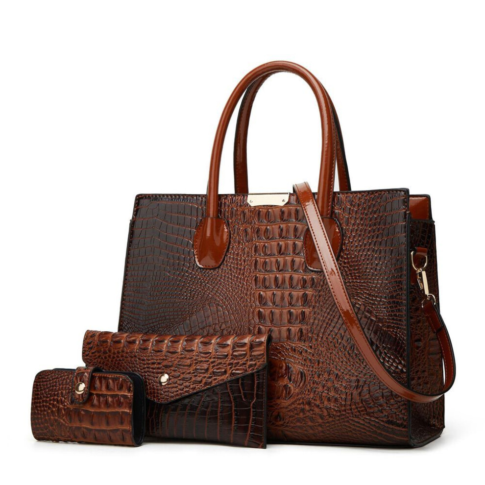 (brown) Large Capacity Crocodile Pattern Tote: European & American-style Shoulder And Handbag For Middle-aged Women