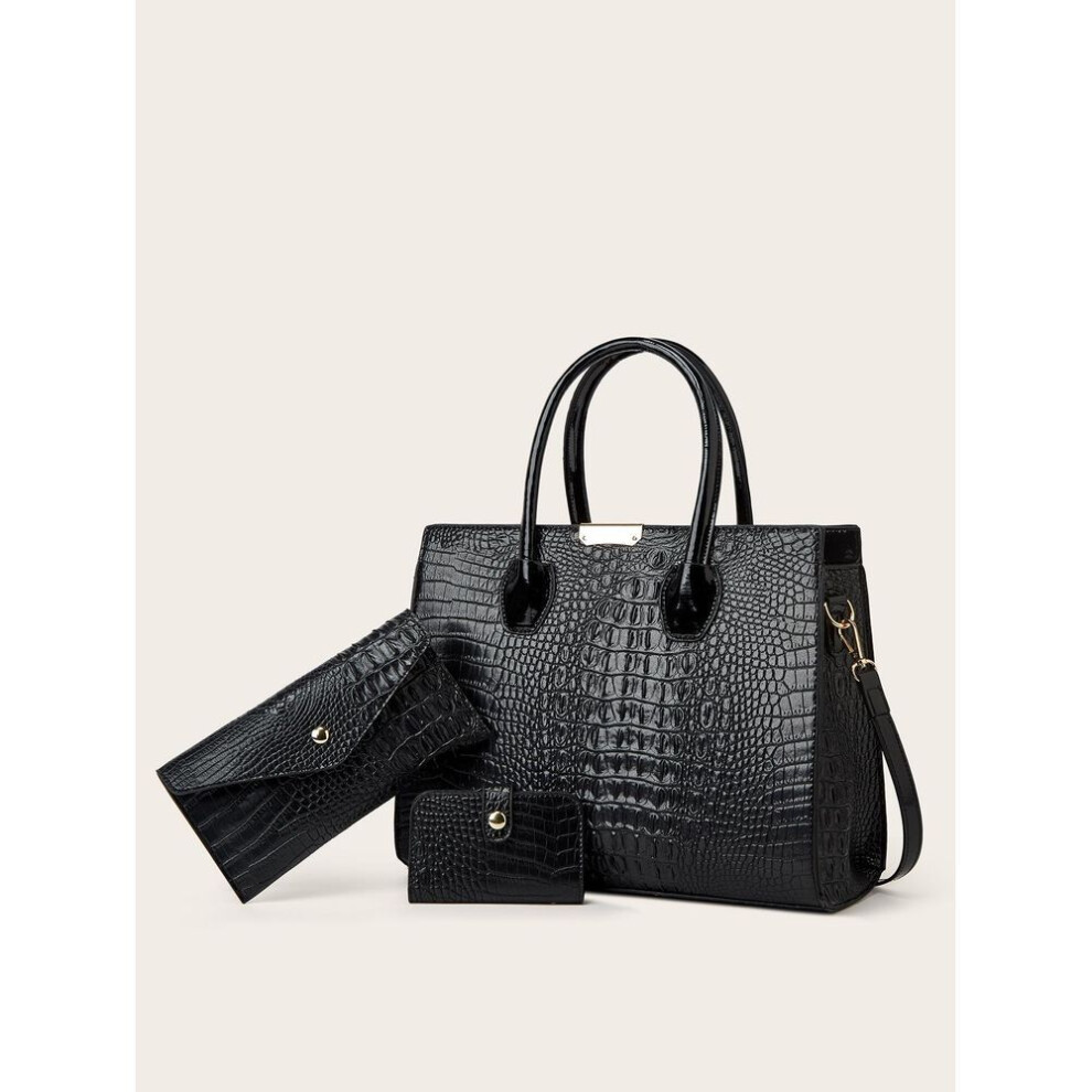 (black) Large Capacity Crocodile Pattern Tote: European & American-Style Shoulder and Handbag for Middle-Aged Women