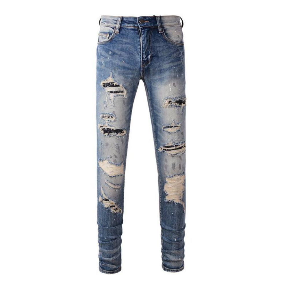(34) Men's European & American Street Fashion Skinny Jeans With Beaded Patches And Old Blue Washed Paint Design