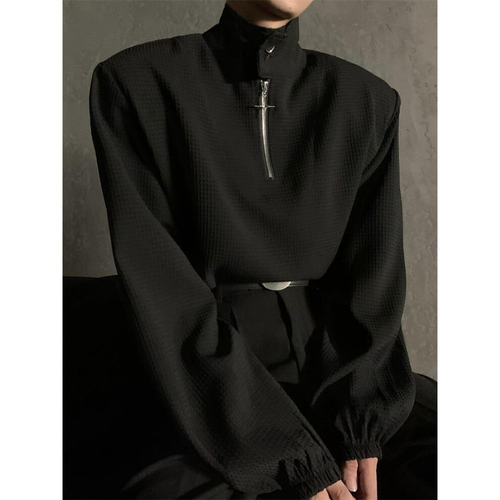 (black, XL) Men's Waffle Knit Stand Collar Half-zip Loose Pullover Jacket - Spring/autumn
