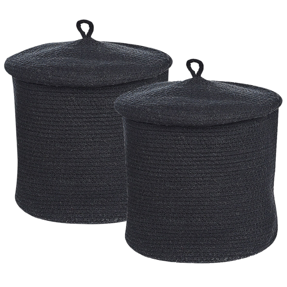 Set of 2 Cotton Baskets with Lids Black SILOPI