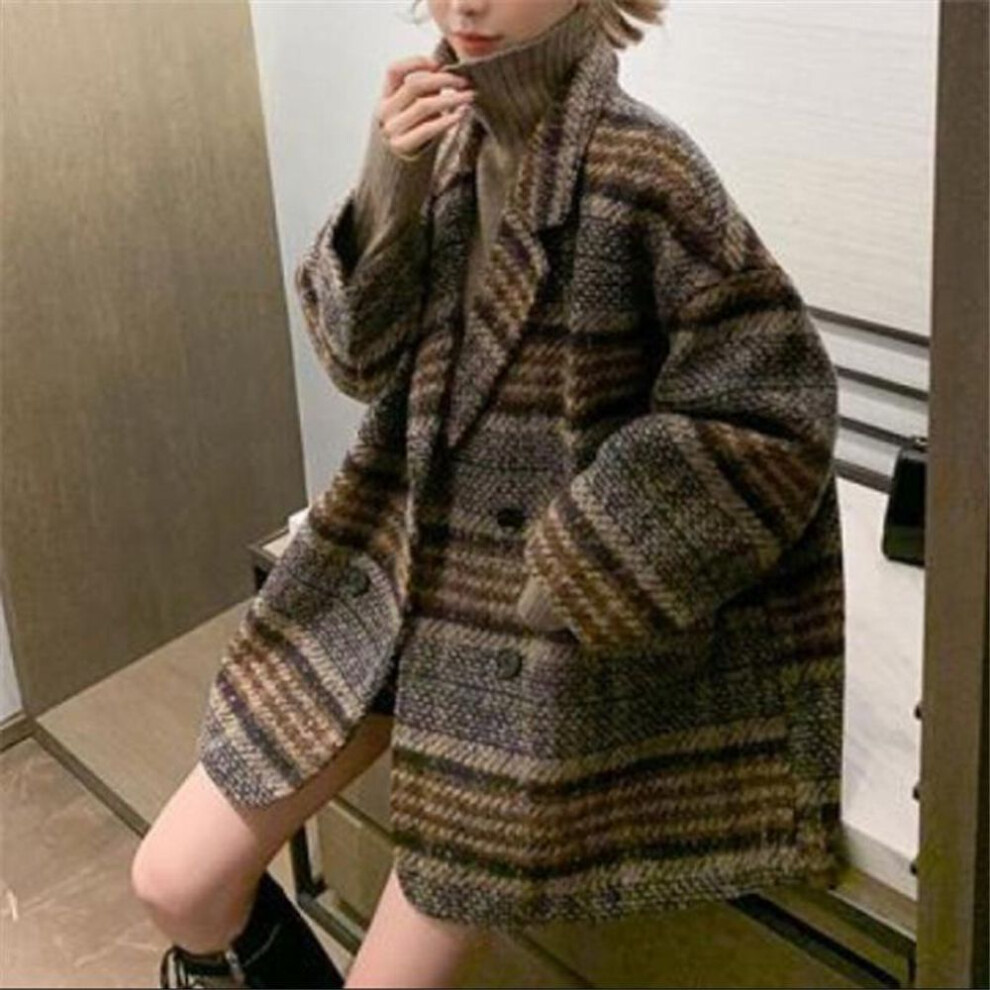 (khaki, 4XL) 2025 Popular Korean Medium & Long Plaid Wool Coat for Women - Autumn/Winter Trend