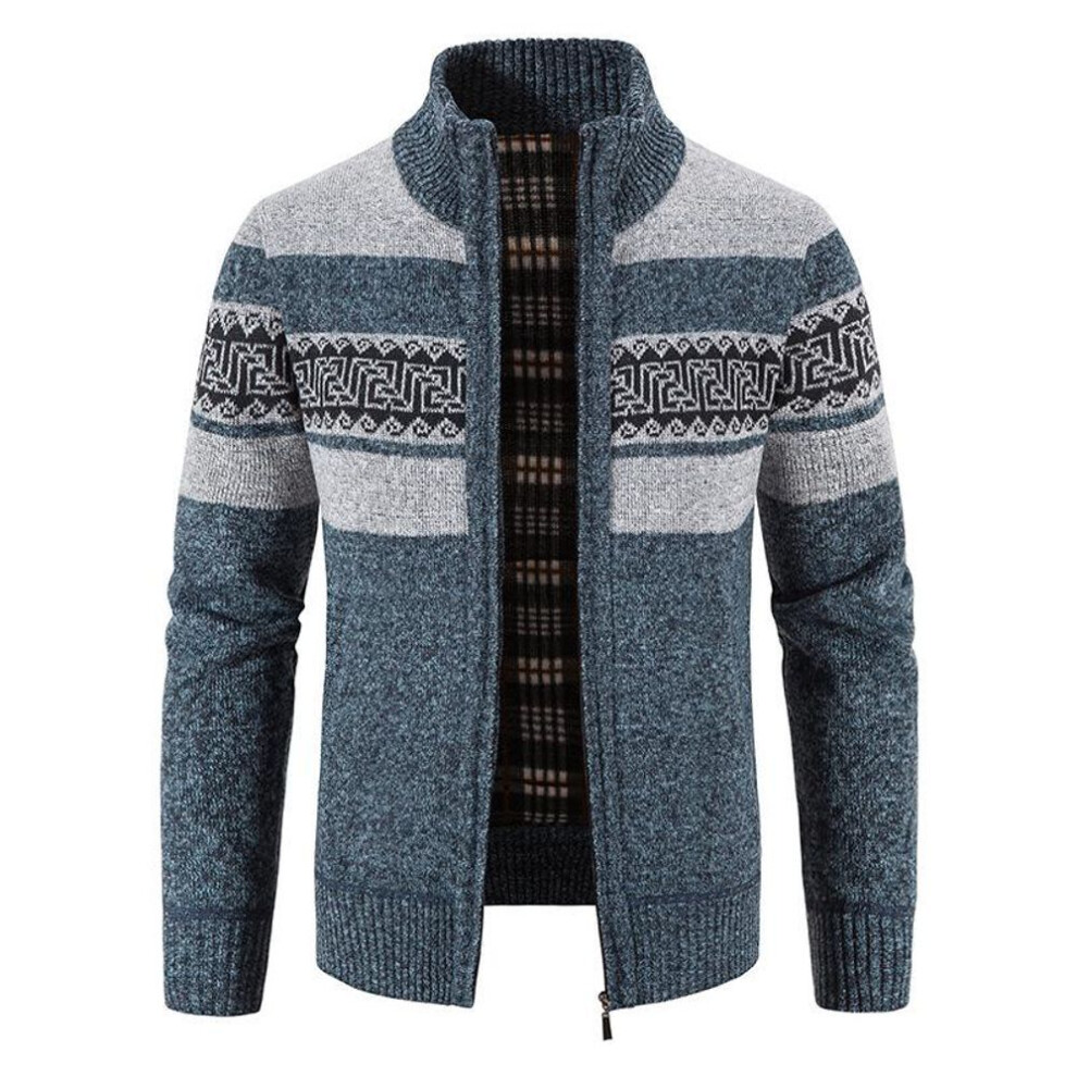(blue,gray, XXXL) Men's Winter Velvet-Lined Knitted Cardigan with Stand Collar