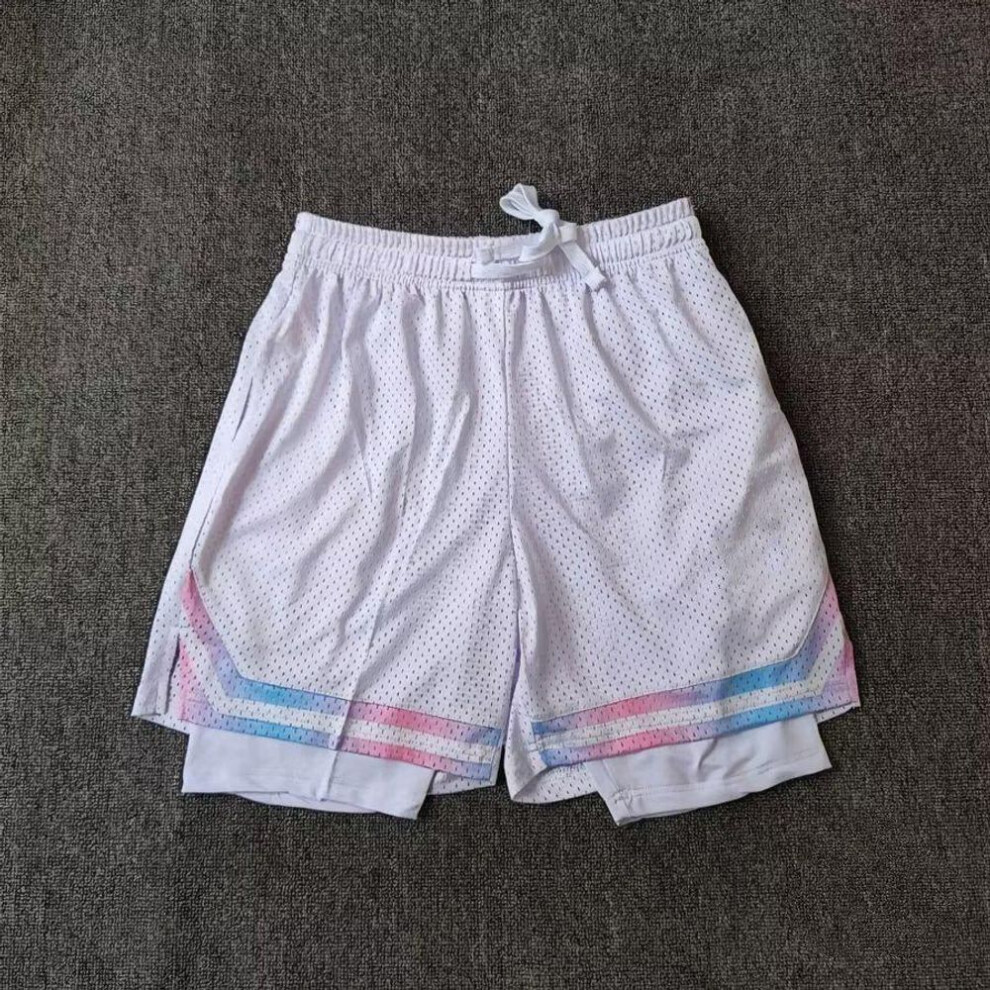 (white, 5XL) Men's 2024 Summer Basketball Shorts, Three-Pointer, Knee-Length, Quick-Dry, High-Elastic, Breathable, Fake Two-Piece Design.