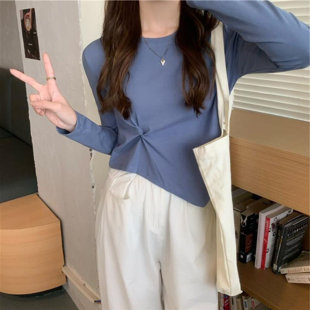 (denim blue, XL) "fashionable Women's Irregular Long-sleeve T-shirt, Plus Size, Flattering Bottoming Top For Spring/autumn