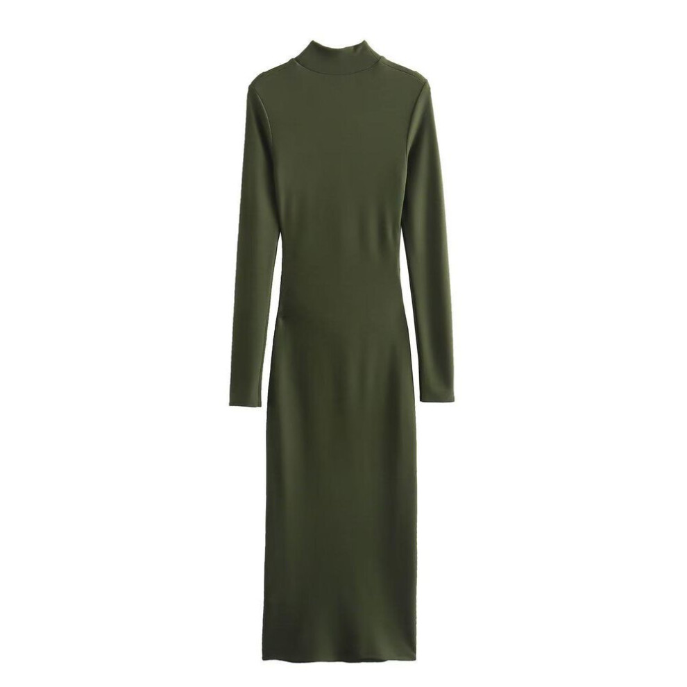 (army green, Medium) "2023 Autumn European & American Women's Stand-Up Collar Pleated Long-Sleeve Midi Dress