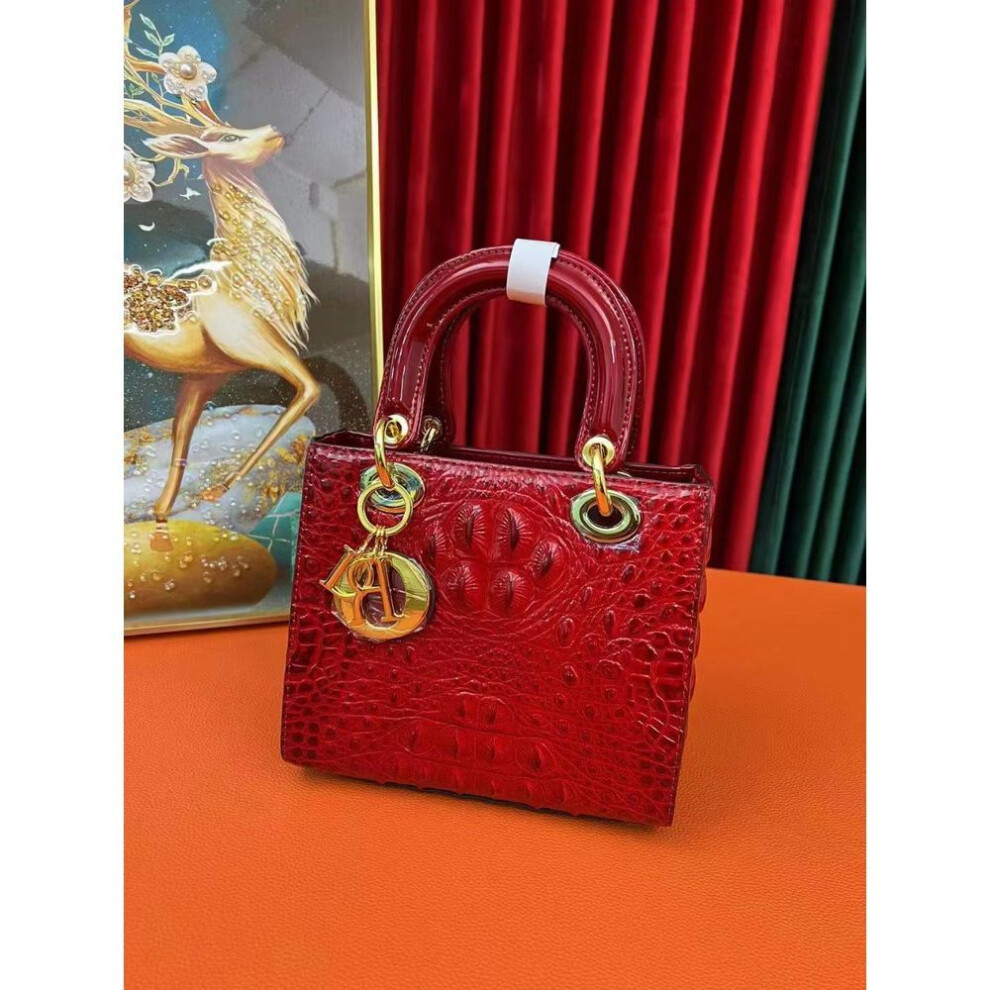 (red) "Crocodile Pattern Genuine Leather Red Shoulder Handbag - Princess Diana Style Bridal Bridesmaid Bag