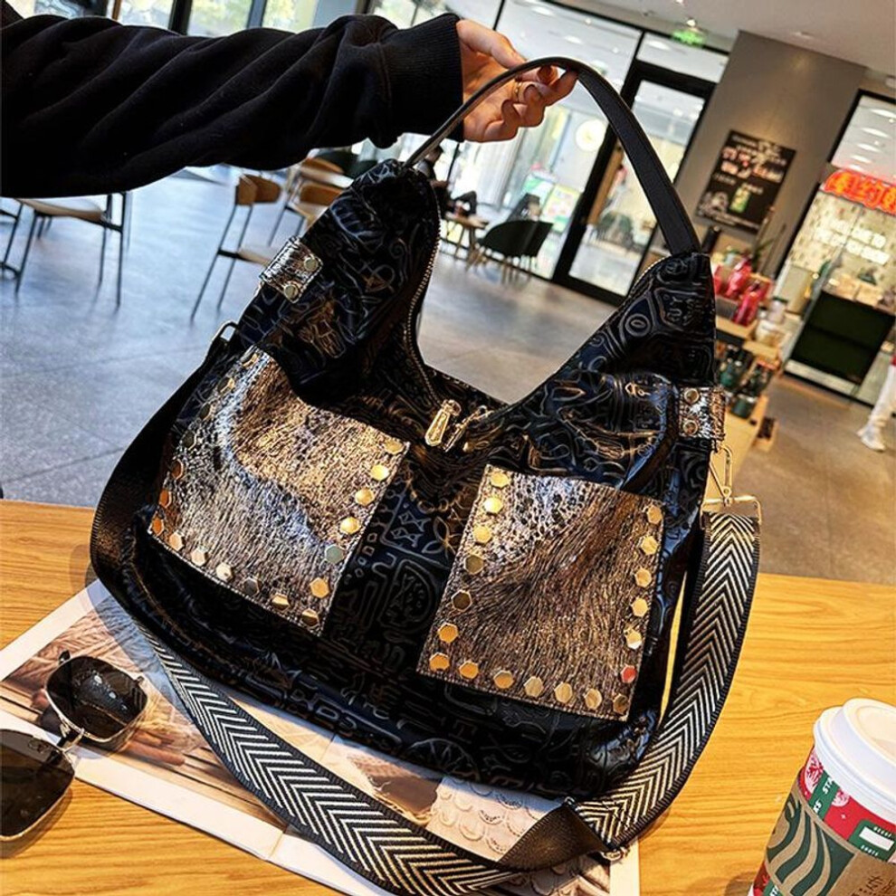 (black) Trendy Embossed Leather Shoulder Tote - Women's Contrast Color Handbag, 2023 Autumn Collection