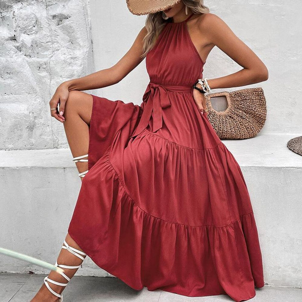 (wine red, Extra Large) European & American Women's Summer Halter Solid Color Midi Dress (2023)