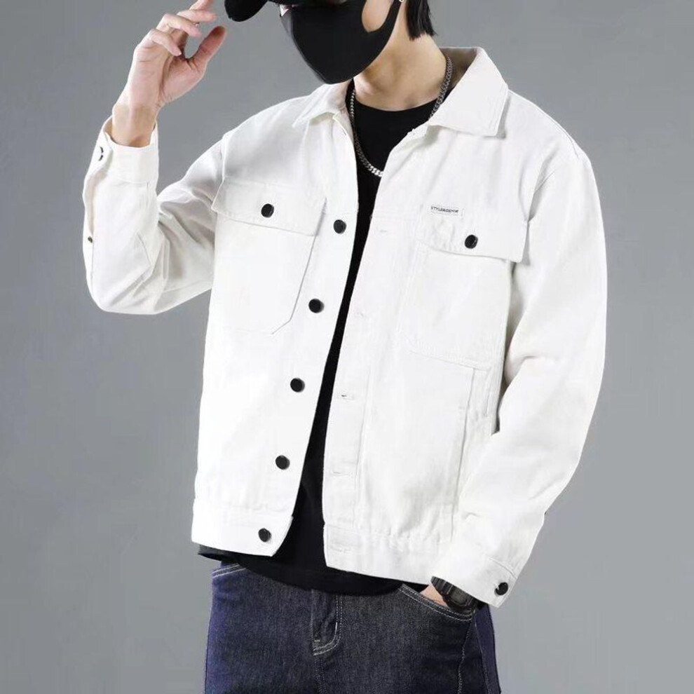 (white, XL) Men's Korean-Style White Denim Jacket - Casual, Loose Fit, Trendy Workwear for Spring and Autumn